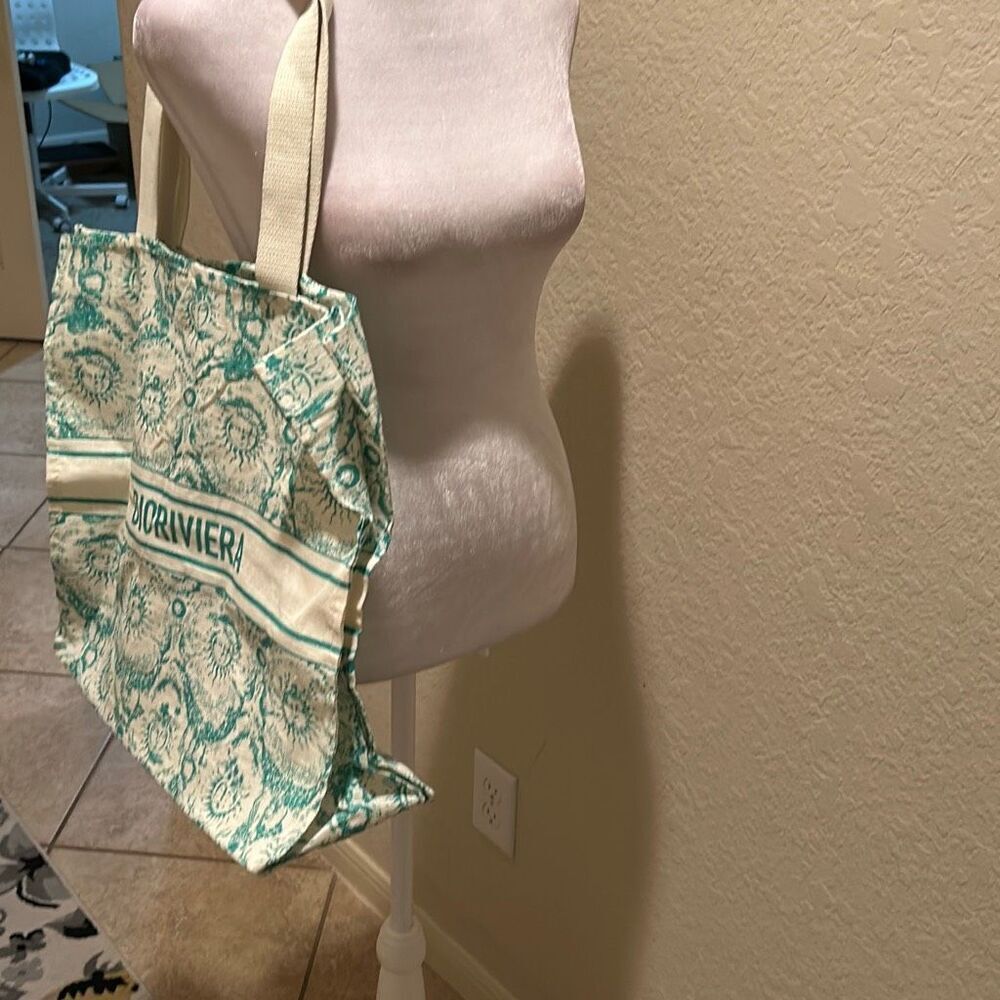 Christian Dior Canvas Tote Green White Celestial Sun Print Dioriviera Beach Bag - Picture 8 of 8